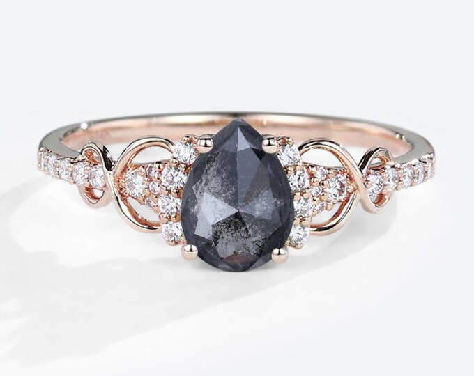 Natural Salt & Pepper 1.40 CT Pear Cut Diamond Art Nouveau Engagement Ring
