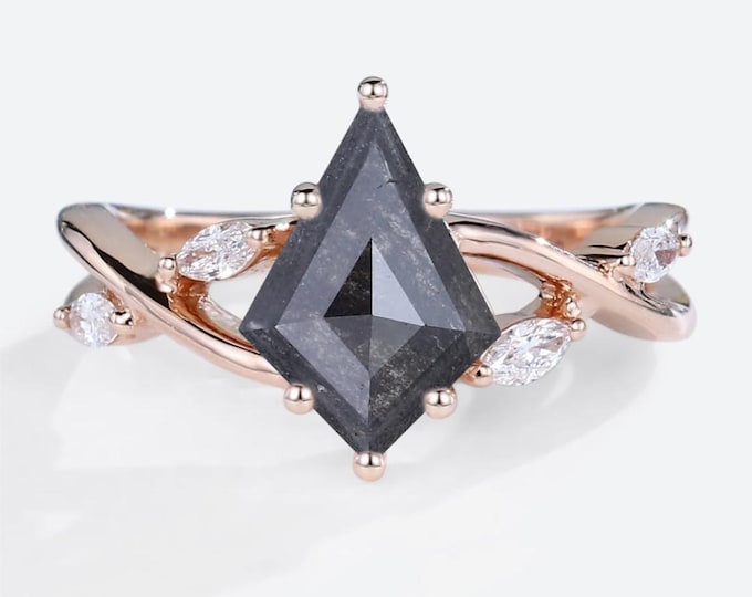 Natural Salt & Pepper 1.32 CT Kite Cut Diamond Mid-Century Wedding Ring
