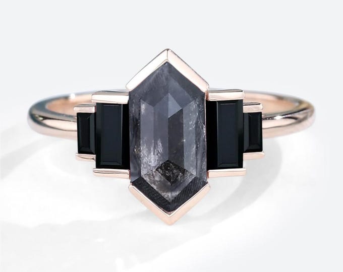Natural Salt & Pepper 1.77 CT Hexagon Cut Diamond Edwardian Wedding Ring