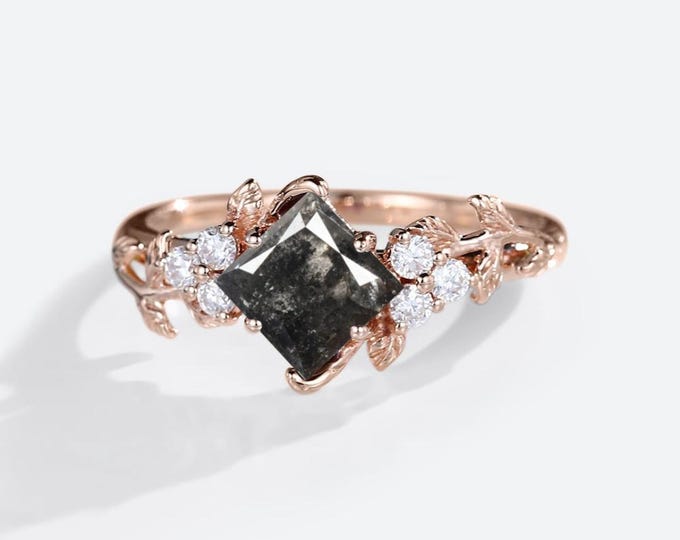 Natural Salt & Pepper 1.46 CT Princess Cut Diamond Boho And Hippie Engagement Ring