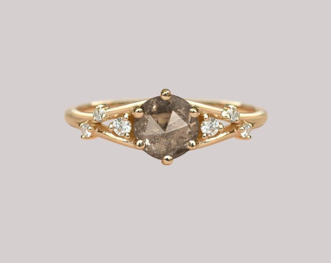 Natural Salt & Pepper 1.00 CT Round Cut Diamond Art Nouveau Handmade Ring