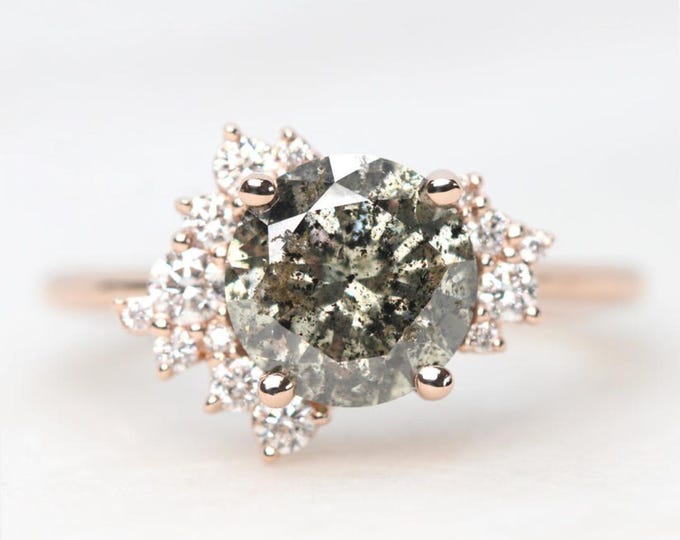 Natural Salt & Pepper 2.08 CT Round Cut Diamond Avant Garde Engagement Ring