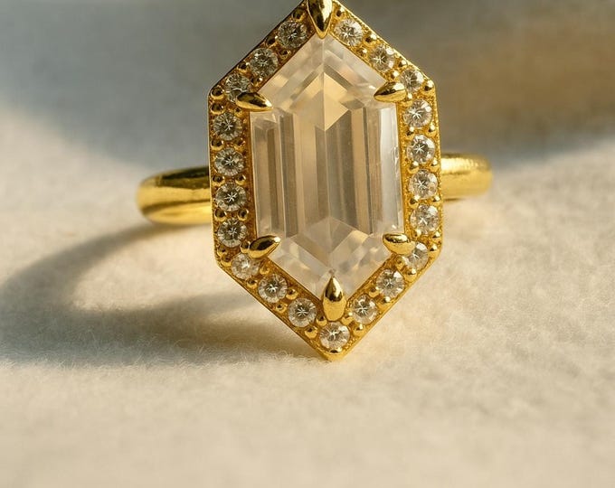 3.89 CT Hexagon Cut Moissanite Diamond Engagement Ring, 14K Yellow Gold Vintage Hexagon Cut Ring, Moissanite Wedding Ring Halo Gift Ring