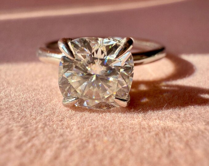 Cushion Cut Moissanite Diamond Hidden Halo Style Engagement Ring, Unique Wedding Ring, 14KT White Gold Ring, Anniversary Gift For Her