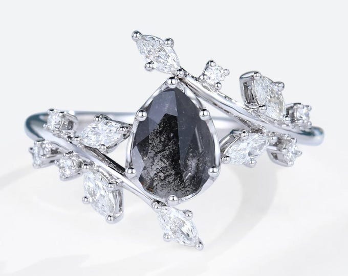 Natural Salt & Pepper 1.71 CT Pear Cut Diamond Avant Garde Anniversary Ring