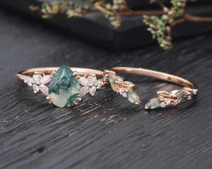 Pear Cut Moss Agate Engagement Ring Set: Marquise Moissanite Wedding Band