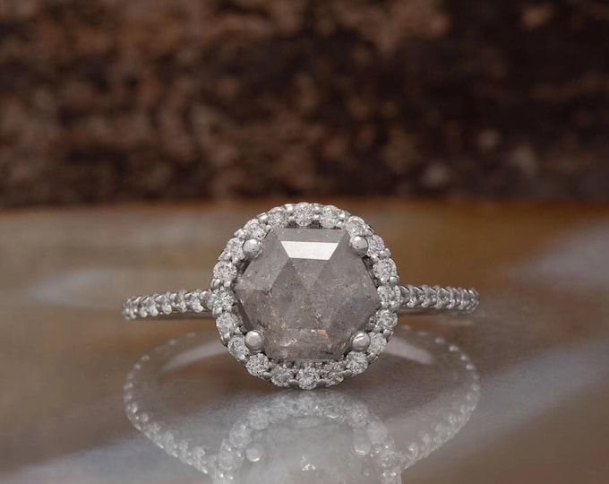 Natural Salt & Pepper 2.26 CT Hexagon Cut Diamond Edwardian Handmade Ring