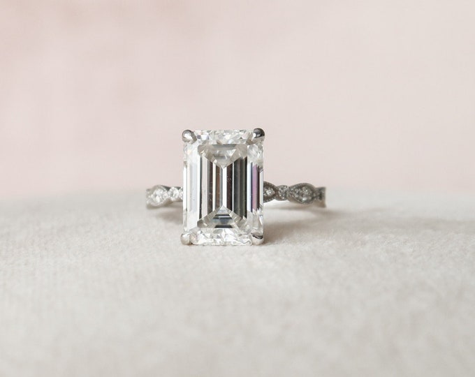 Moissanite 1.70 CT Emerald Cut Diamond Art Nouveau Engagement Ring