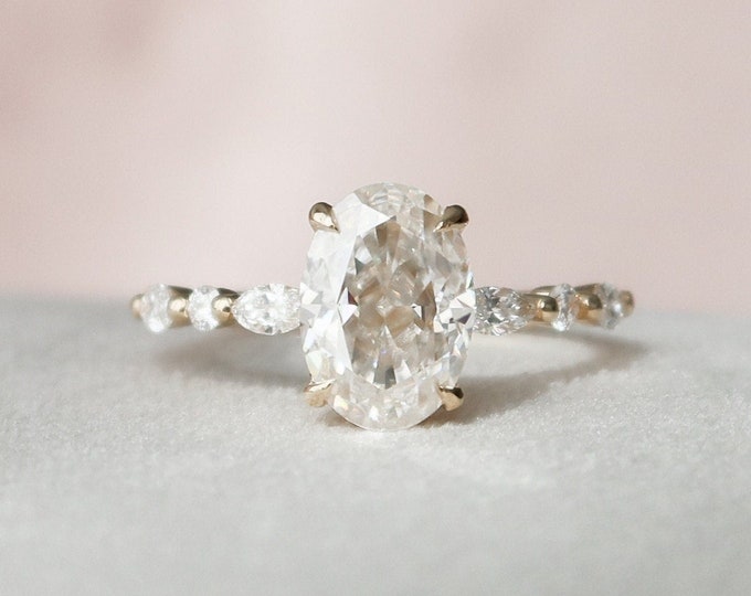 Oval Diamond Ring 2.67 Carat Moissanite Engagement Ring | Side Round and Marquise Diamond Half Eternity Band | 14K Yellow Gold Gorgeous Ring
