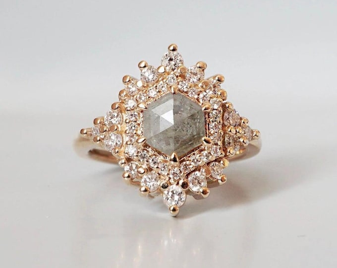 Natural Salt & Pepper 4.10 CT Hexagon Cut Diamond Edwardian Handmade Ring