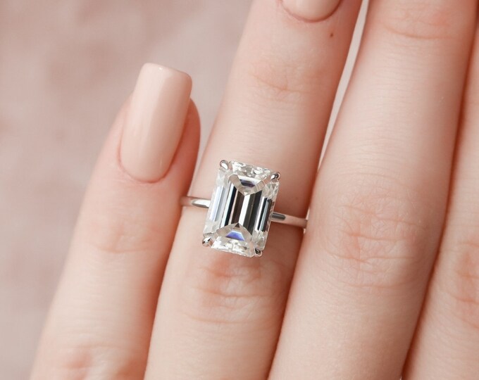 Moissanite 2.15 CT Emerald Cut  Diamond Art Nouveau Wedding Ring