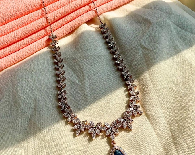 V Shape Diamond Bridal Necklace Set, Crystal Wedding Jewelry, 14k Rose Gold, Center Blue Pear Gemstone Necklace with Stunning Earrings Pair
