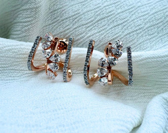 Moissanite Pear & Round Diamond Huggie Hoop Earrings / 14KT Rose Gold Earrings / Unique Design Earrings / Special Wedding Ceremony Jewelry