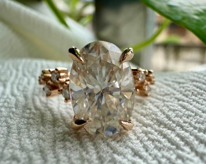 Oval Cut Hidden Halo Engagement Ring, 10KT Rose Gold 3.53 CT Moissanite Ring, Side Round Moissanite, Promise Ring for Women by LessDiamond