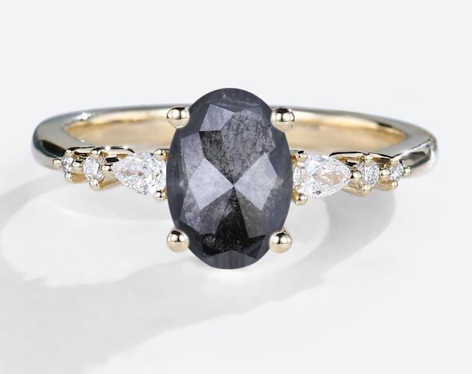 Natural Salt & Pepper 1.64 CT Oval Cut Diamond Celtic Engagement Ring