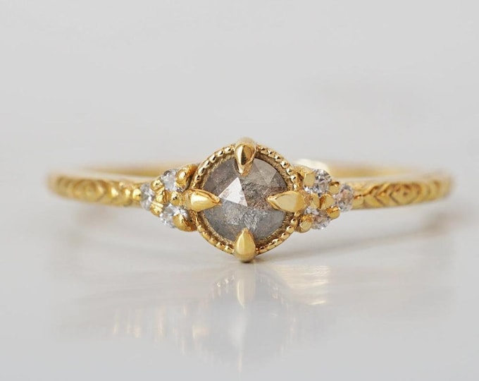 Natural Salt & Pepper 2.15 CT Round Cut Diamond Art Nouveau Anniversary Ring