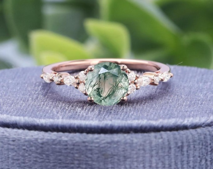 Vintage Moss Agate Engagement Ring: Rose Gold Diamond Wedding Band