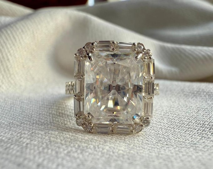Unique Design Halo Engagement Ring, Radiant Cut Moissanite Pave Wedding Ring for Her, Handmade Anniversary Gift Ring, 14KT White Gold Set