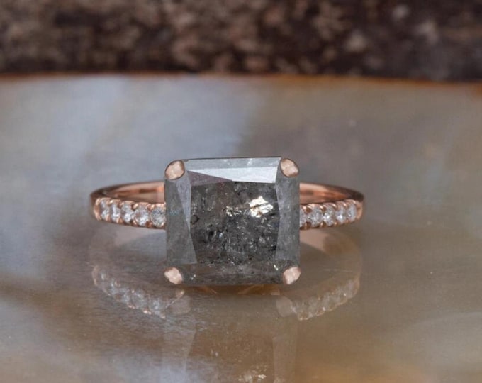 Natural Salt & Pepper 2.20 CT Radiant Cut Diamond Art Deco Wedding Ring