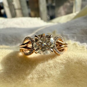 Handmade 2.15 CT Round Cut Moissanite Engagement Ring: Unique Side Stone Wedding Band