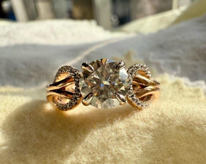 Side Stone Engagement Ring, Certified Round Cut Moissanite Diamond, 2.15 CT Unique Design Band Wedding Ring, Handmade Jewelry by Lessdiamond