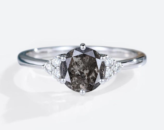 Natural Salt & Pepper 1.63 CT Round Cut Diamond Brutalist Handmade Ring