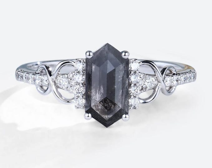 Natural Salt & Pepper 1.50 CT Hexagon Cut Diamond Victorian Handmade Ring