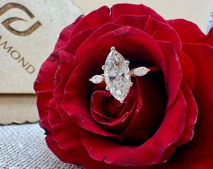 Marquise Shape Moissanite Diamond Ring, 4.18 CT Three Stone Engagement Ring, Side Marquise Cut Moissanite, Wedding Anniversary Ring