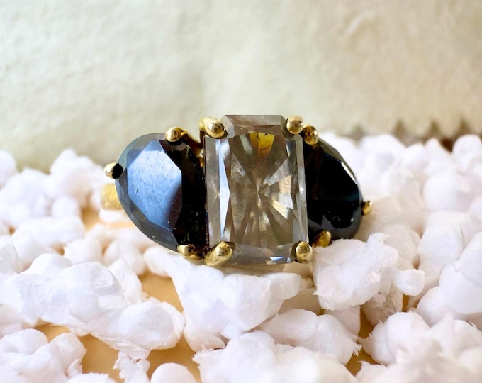 Antique Salt and Pepper Moissanite Diamond Engagement Ring 4.98 CT Radiant Cut Gray Salt and Pepper Proposal Ring Side Pear Black Moissanite