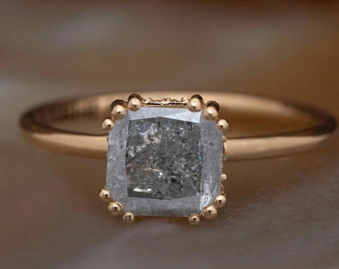 Natural Salt & Pepper 2.00 CT Cushion Cut Diamond Mid-Century Handmade Ring