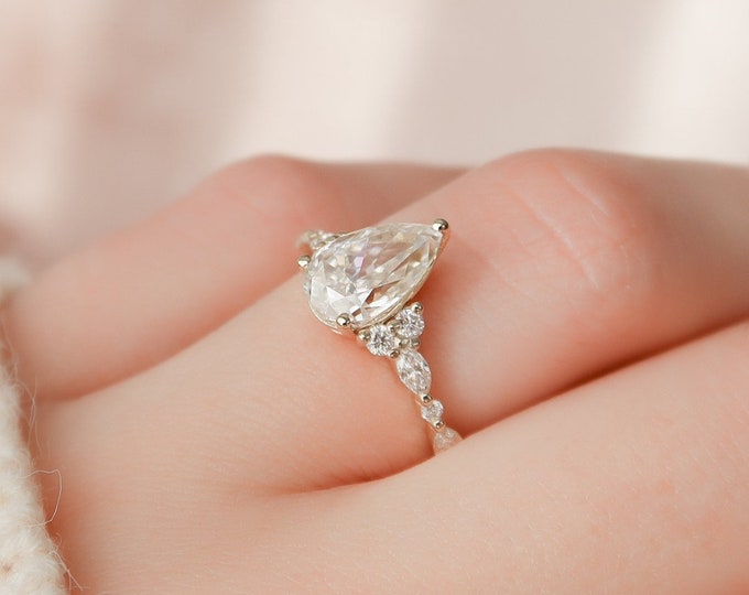 1.75 Carat Pear Cut Moissanite Diamond Engagement Ring - 18 kt Gold Cluster Setting Ring | Vintage Ring | Unique Birthday Gift Ring for Her