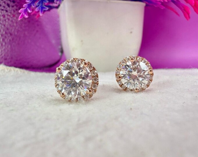 4.00 CT Round Cut White Moissanite Halo Earrings | Wedding Fashion Earrings for Women | Anniversary Gifts | Rose Gold Diamond Earrings