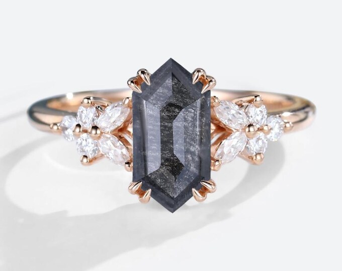 Natural Salt & Pepper 1.55 CT Hexagon Cut Diamond Gothic Anniversary Ring
