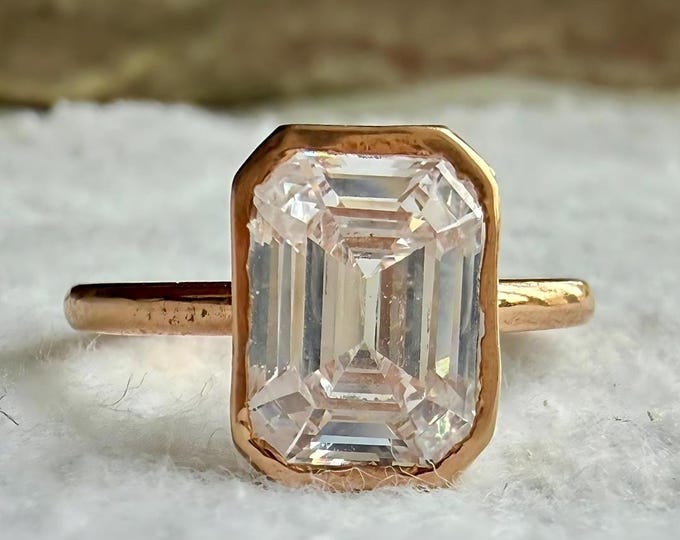 Emerald Cut Solitaire Ring: 1.00 CT Simulated Diamond, Rose Gold Bezel Setting