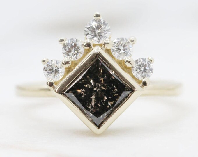 Natural Salt & Pepper 1.62 CT Princess Cut Diamond Boho And Hippie Handmade Ring
