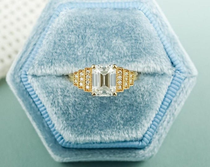 Moissanite 3.20 CT Emerald Cut Art Nouveau Wedding Ring