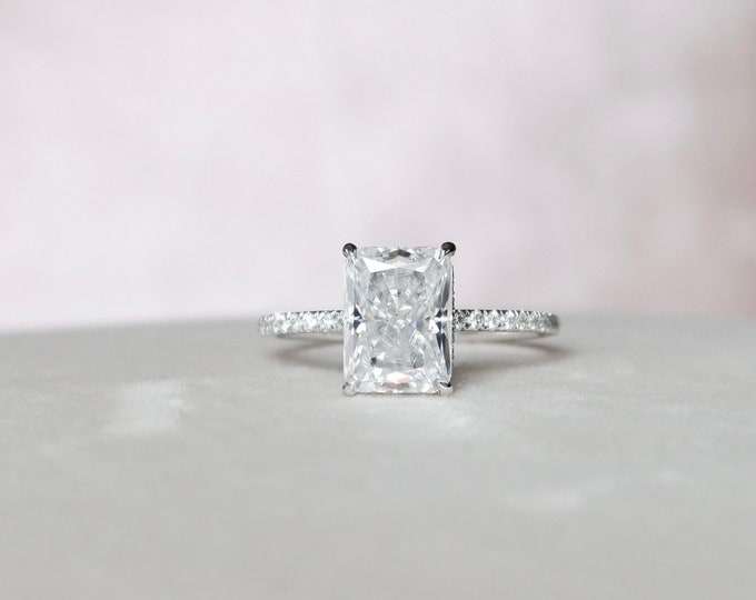 Pave Elongated Radiant Cut 3.25 Carat Moissanite Diamond Engagement Ring For Women | 14K White Gold Hidden Halo Diamond Ring | Gift for Her