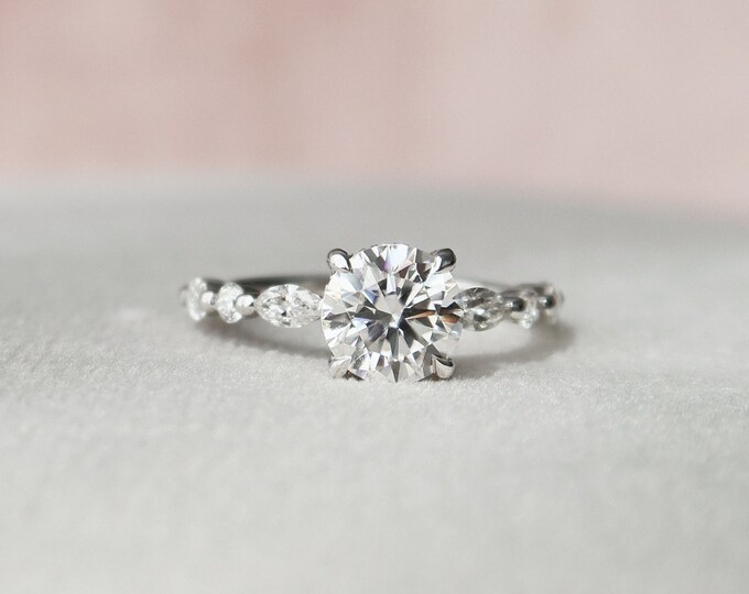 2.38 Carat Certified Round Cut Moissanite Diamond Engagement Ring | Hidden Halo - Side Round and Marquise Diamonds 14 kt White Gold Ring