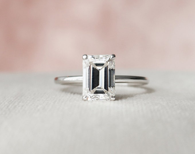14 kt White Gold Prong Setting Ring - 2.05 Carat Emerald Brilliant Cut Moissanite Diamond Anniversary Gift Ring For Women | Hidden Halo Ring