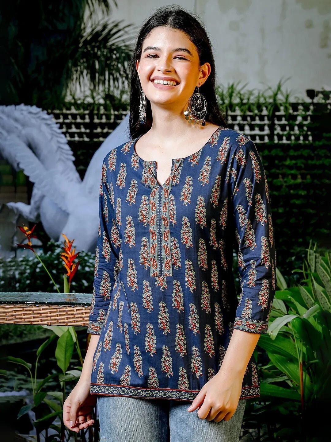 Indigo Color Blue Flower Print Kurta Style Slashed Neckline Pure Cotton Shirt