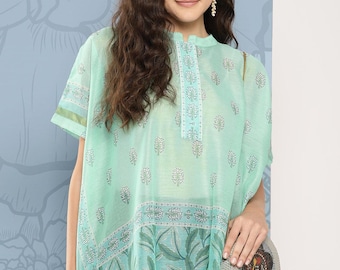 Green Printed Ethnic Chanderi Cotton Kaftan Longline Top
