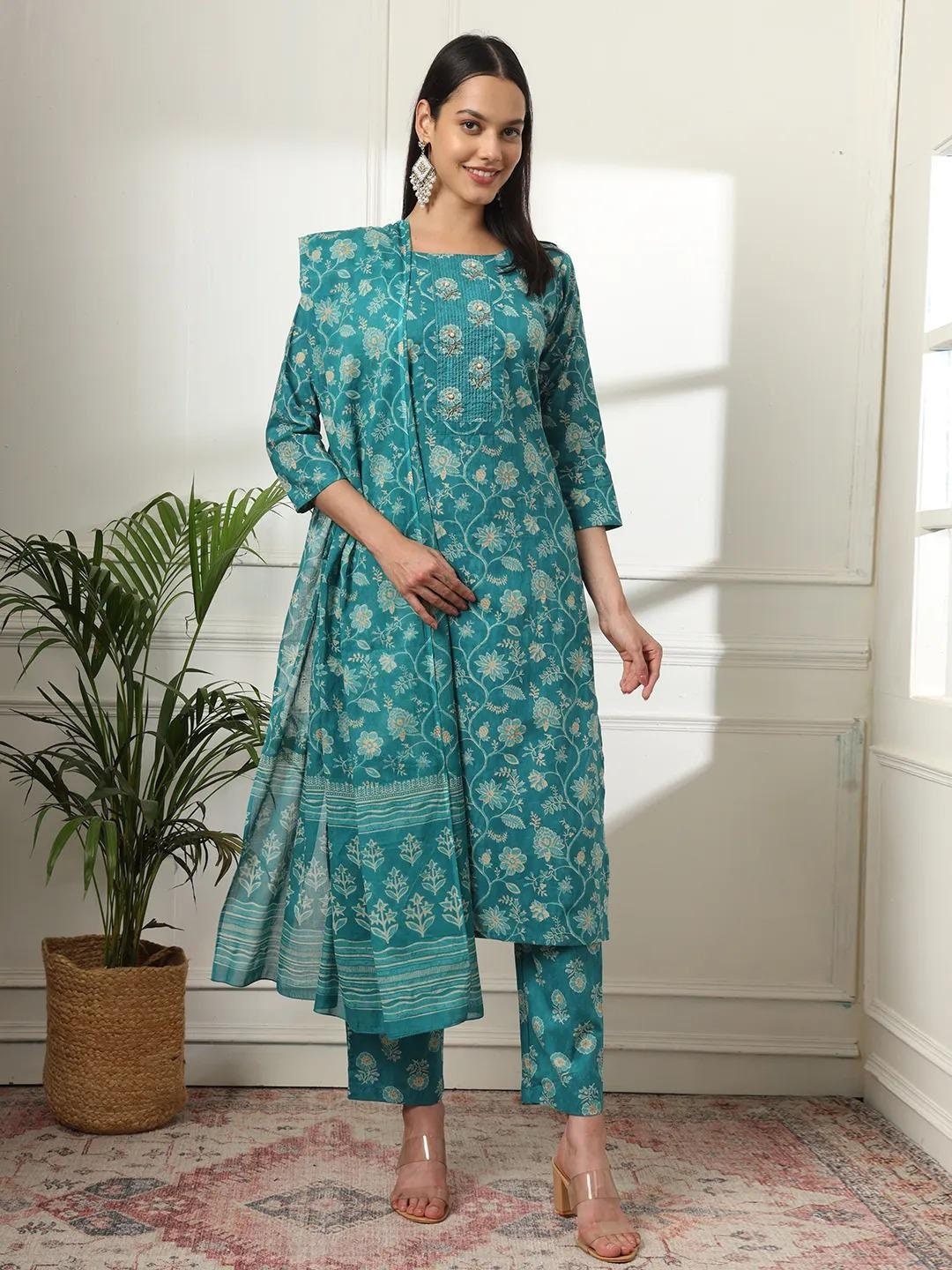 Women Pista Rangoli Silk Kurta Set With Pant And Duppata Set