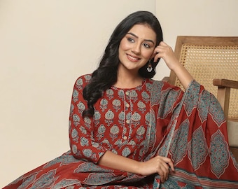Rote reine Baumwolle Maternity Kurta Set mit Dupatta