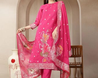 Ensemble kurta en soie rose festif pour femme, tenue à imprimé floral doré Chanderi, vêtement traditionnel indien