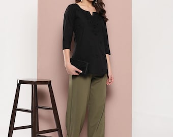 Women's Black Floral Embroidered Cotton Top, Chikankari Style Ethnic Wear, Everyday Outfit