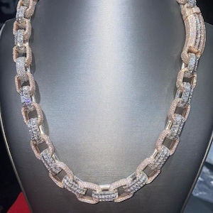 GRA Certyfikowany Łańcuszek Baguette & Round Moissanite Wysadzany Diamentami Kubański, Łańcuszek Diamentowy, Łańcuszek Całkowicie Wykończony Diamentami, Łańcuszek Hip Hop Męski/Damski