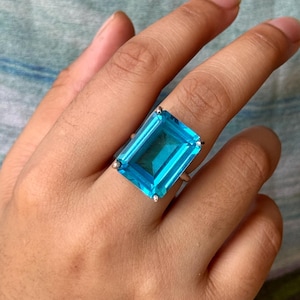 Aquamarine Cocktail Ring - 925 Sterling Silver Ring - Large Octagon Cut Aquamarine Ring - Aquamarine Statement Ring-Prong Set Solitaire Ring