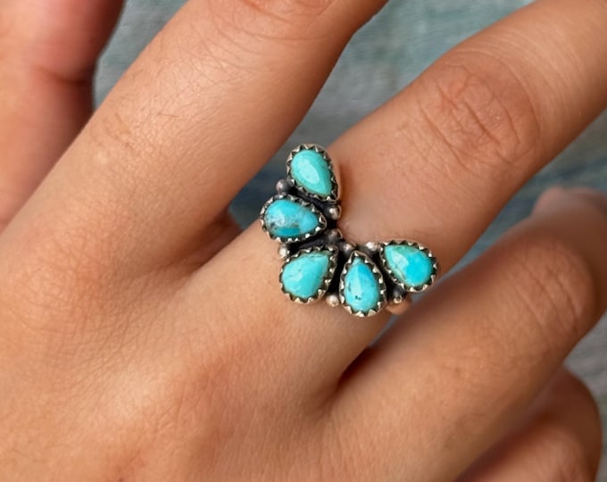 Genuine Turquoise Cluster Ring - 925 Sterling Silver Ring - Turquoise Stackable Ring - Turquoise Statement Ring - Teardrop Turquoise Rings