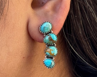 Genuine Turquoise Studs - 925 Sterling Silver Studs - Turquoise Statement Studs - Long Statement Studs -Irregular Shaped Turquoise Stud-Gift
