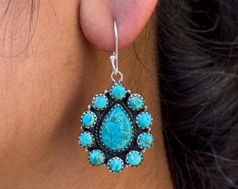 Genuine Turquoise Earrings - 925 Sterling Silver Earrings - Pear Cut Turquoise Cluster Earrings - Turquoise Large Dangle Earring -  Gifts